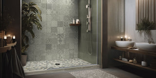 Castaway Shoreline shower tray in an elegant green bathroom