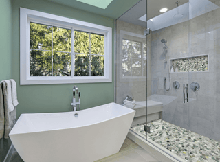 Celestial aurora shower tray in a neutral modern bathroom