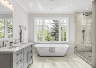 Elemental marble silver marble shower tray in a classic grey and neutral bathroom